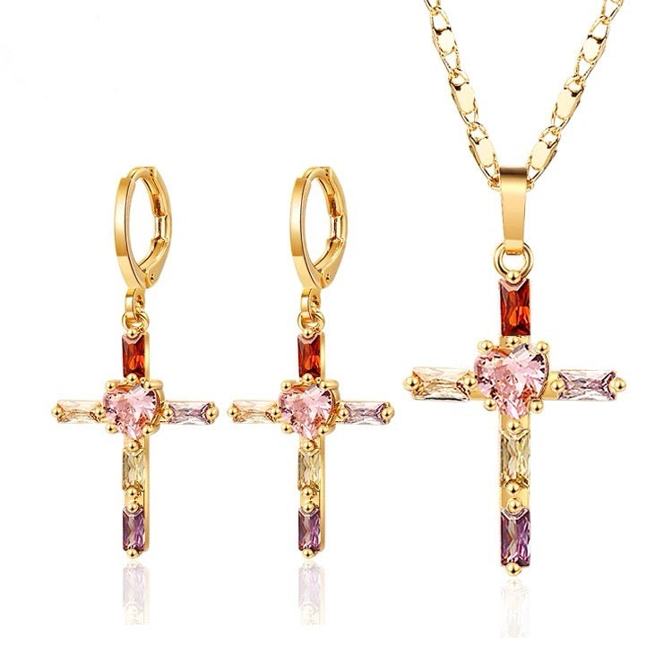 Cross earrings and necklaces pink
